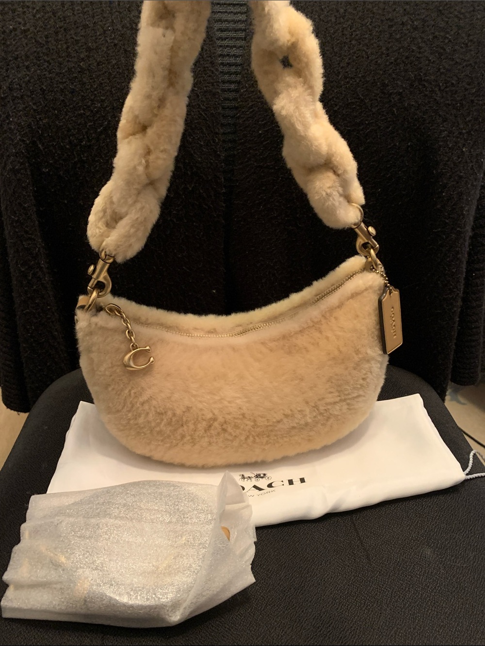 Coach Cream Shearling Mia Hobo with Linked Shearling Strap